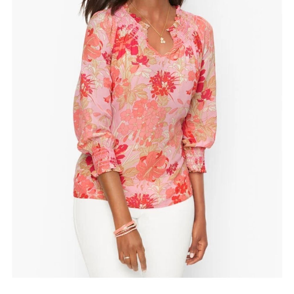 Talbots Pink floral Ruffled Blouse with Three-Quarter Sleeves size Sp
